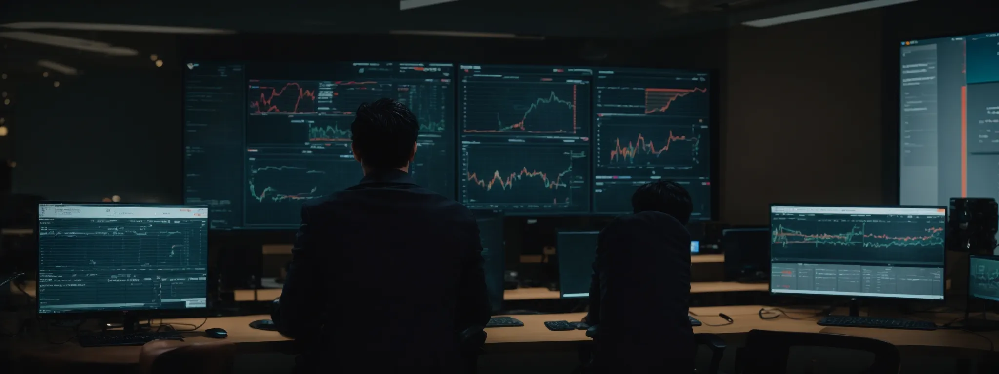 a person staring intently at a large computer screen displaying vibrant analytics dashboards with twitter engagement and seo metrics.