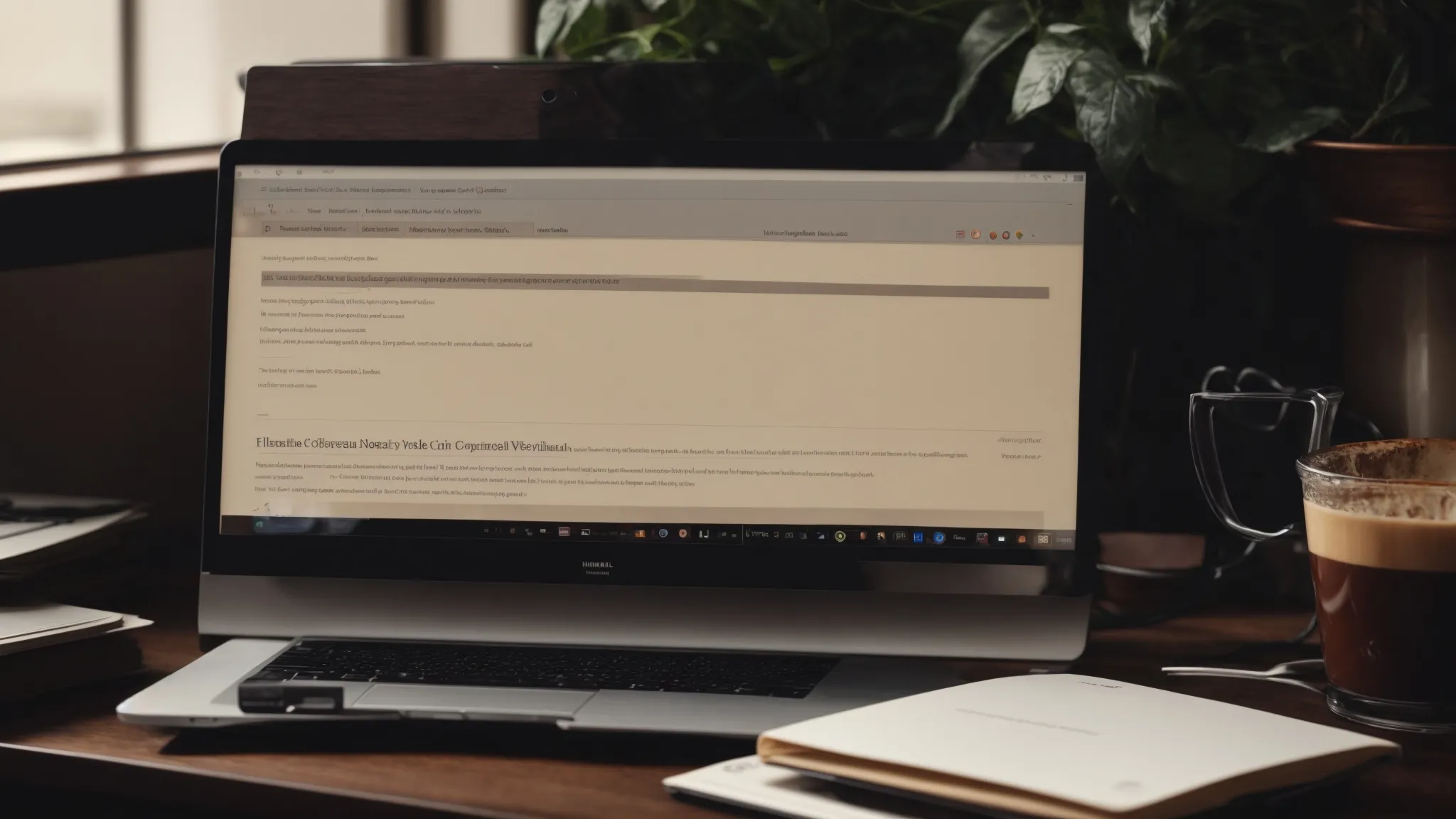 a computer with a web search bar on the screen, surrounded by notebooks, a cup of coffee, and reading glasses.