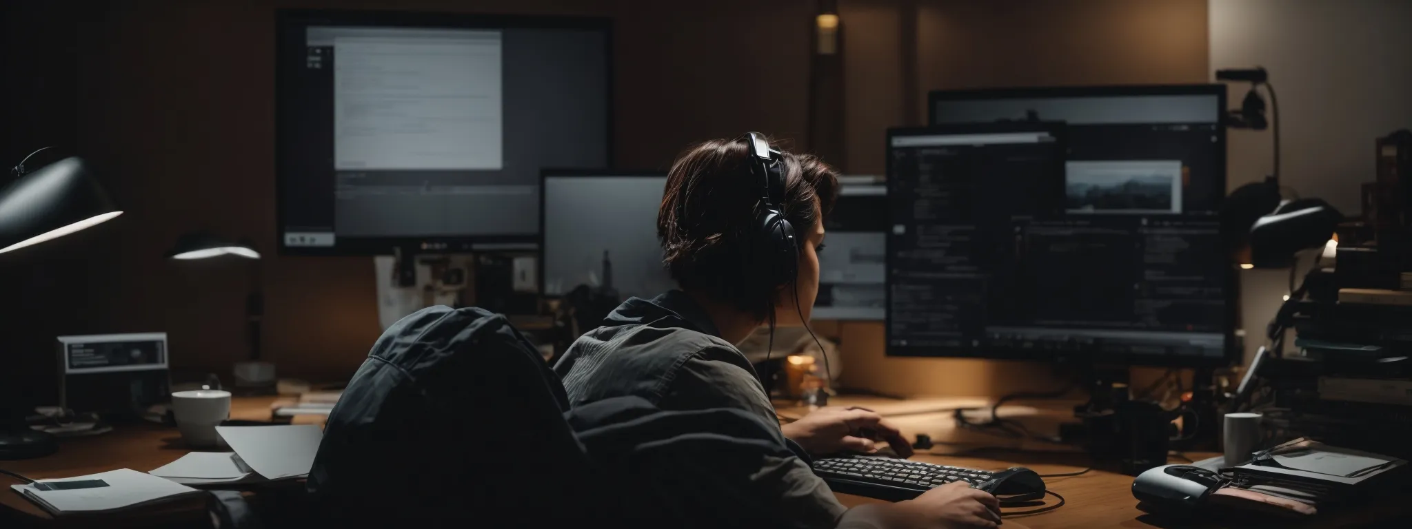 Person wearing headphones sits at a desk with multiple monitors, typing on a keyboard in a dimly lit workspace with programming code on the screens.