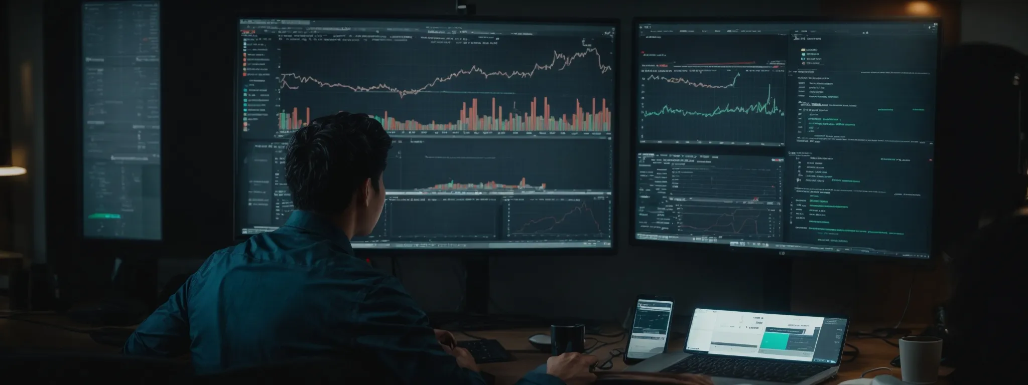 a person intently scrutinizes analytics on a computer screen, surrounded by charts and graphs highlighting seo performance.