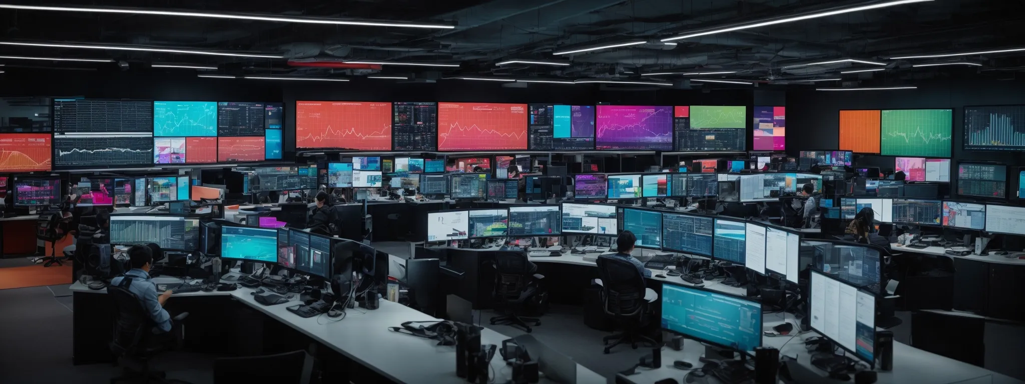 a bustling digital marketing agency with expansive screens displaying colorful graphs and data analysis in a high-tech command center.
