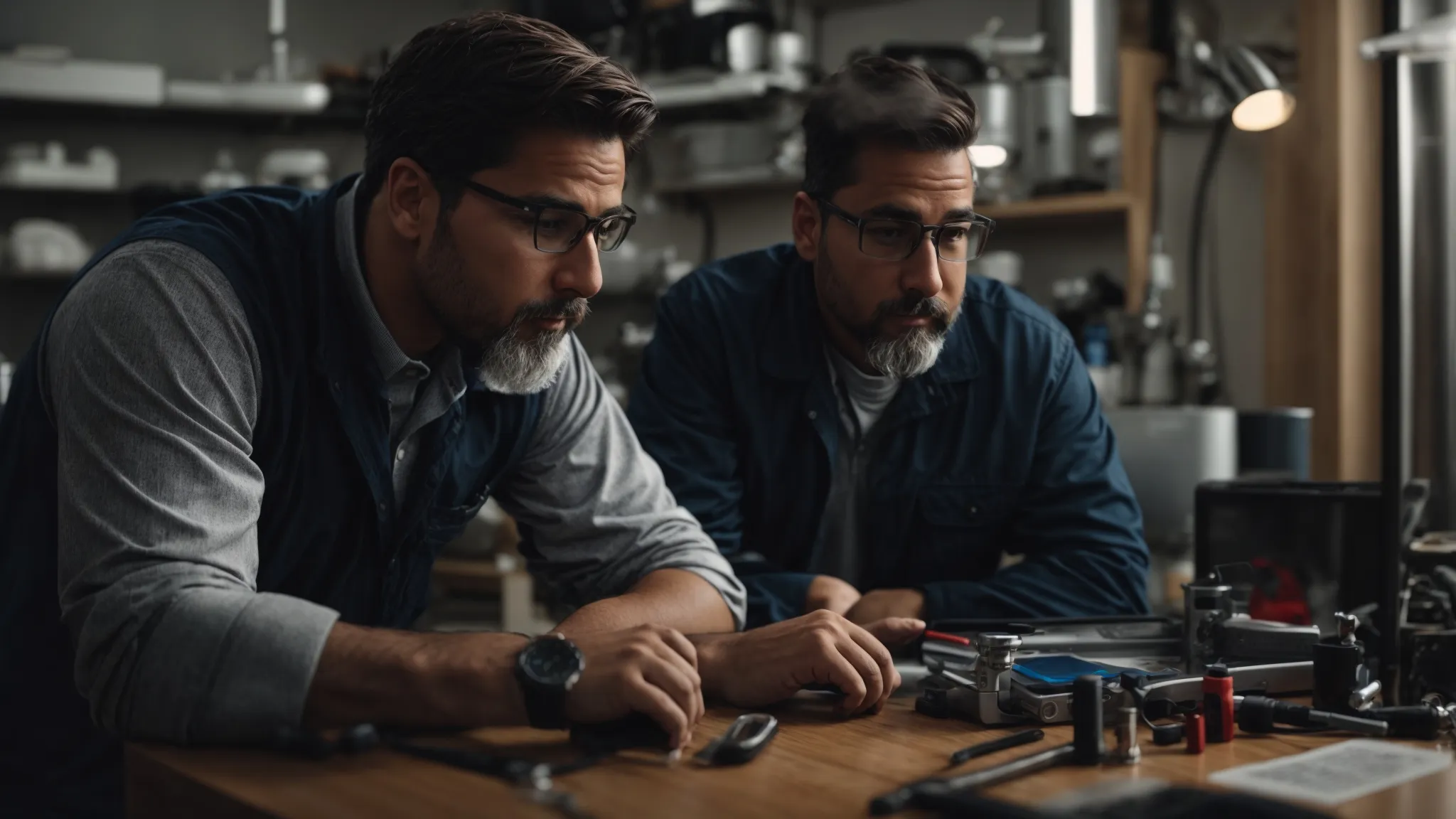 a plumber is discussing strategies with a digital marketing specialist in front of a computer.