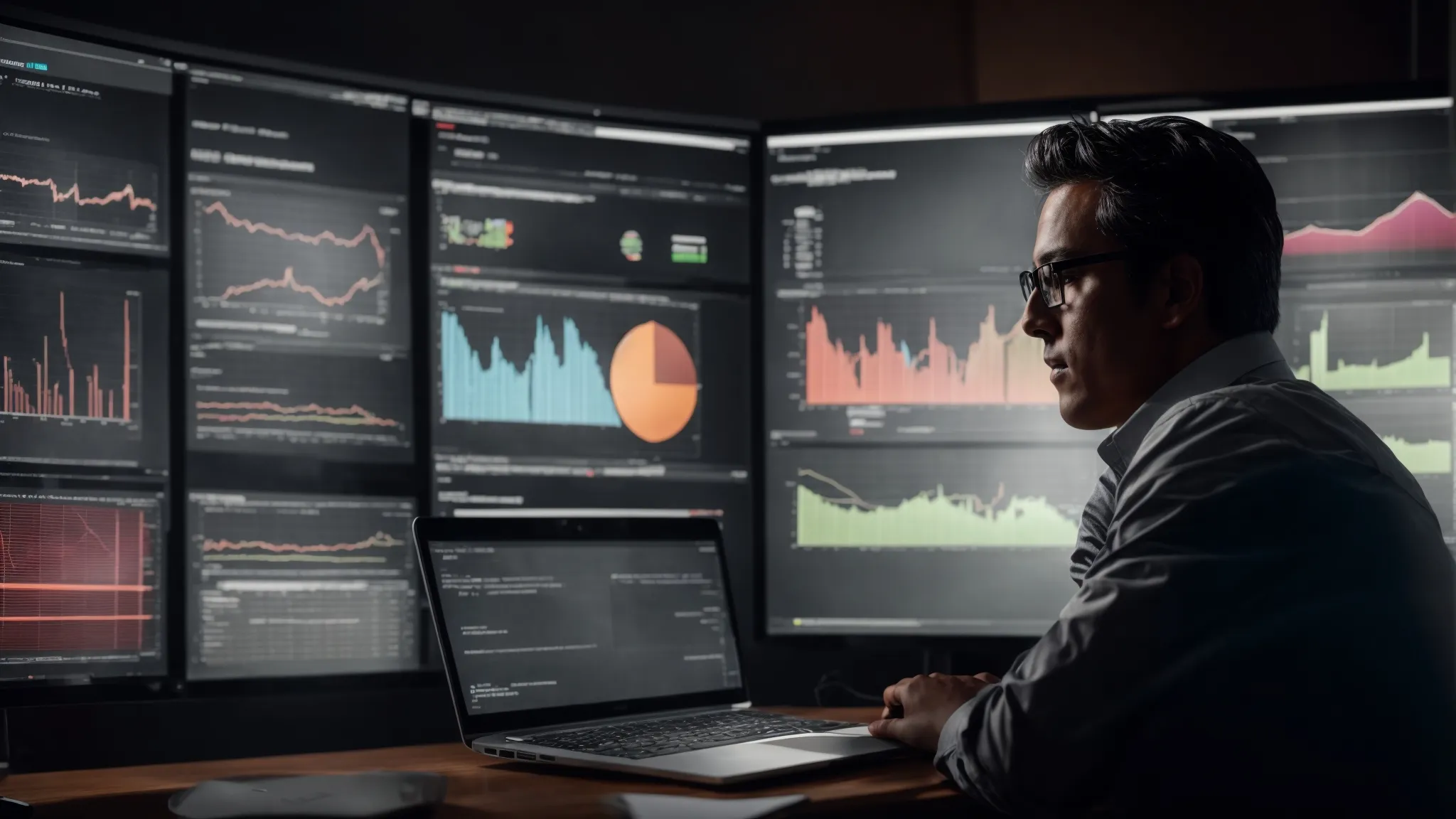 a marketer contemplates in front of a large computer screen displaying graphs of website traffic analytics.