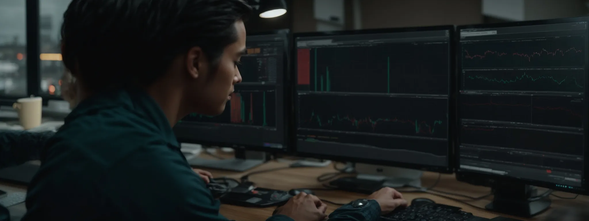 a digital marketing team analyzes data on a computer dashboard, optimizing a website's user interface.
