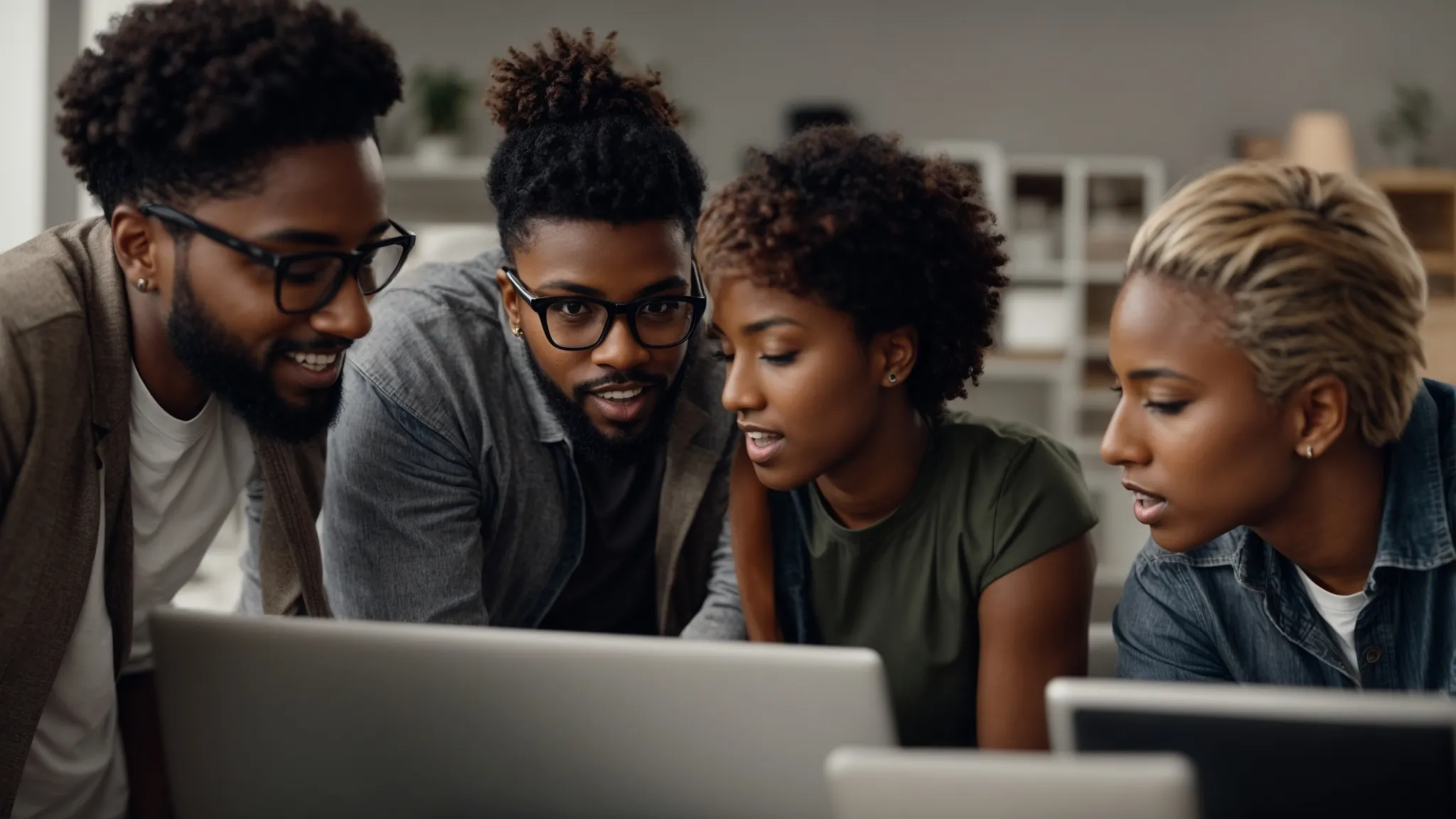 a diverse group of enthusiastic marketing professionals gathered around a computer, discussing strategies with energy and focus.