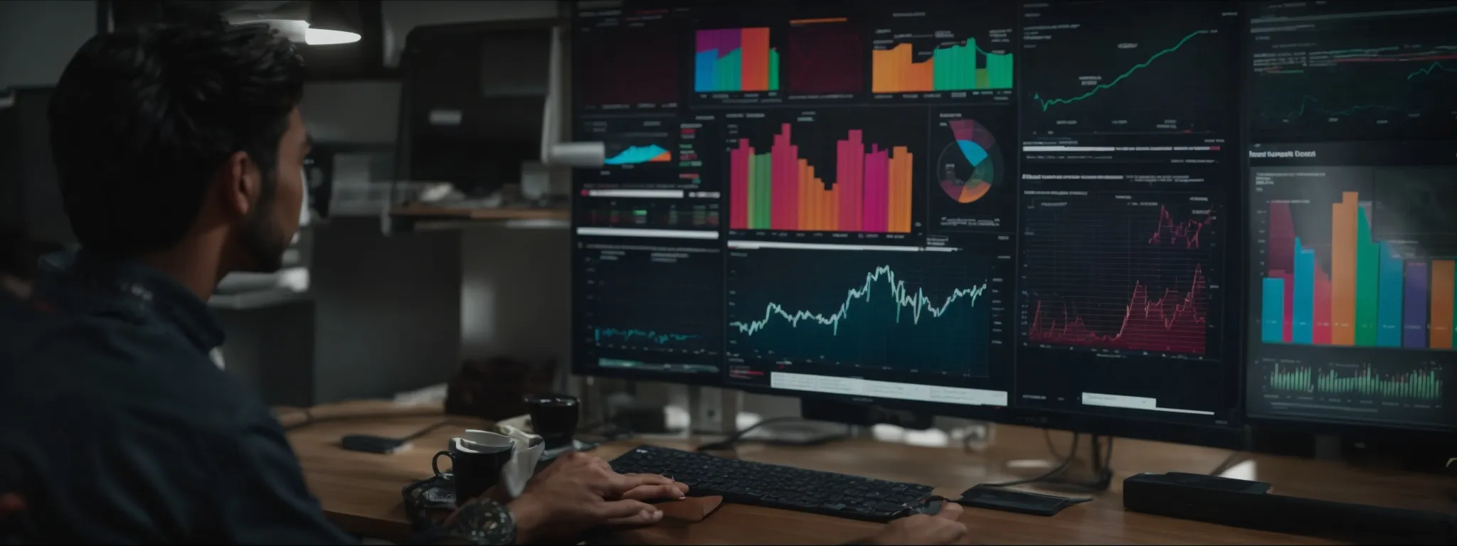 a digital marketing consultant examines a colorful analytics dashboard on a computer screen, reflecting the growth trends and performance metrics of a recent campaign.