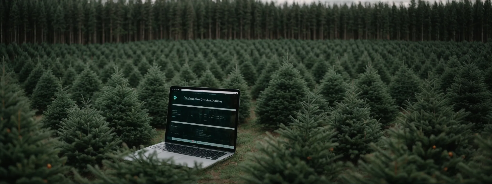 a christmas tree farm with a laptop displaying an ordering page on its screen amidst the rows of evergreens.