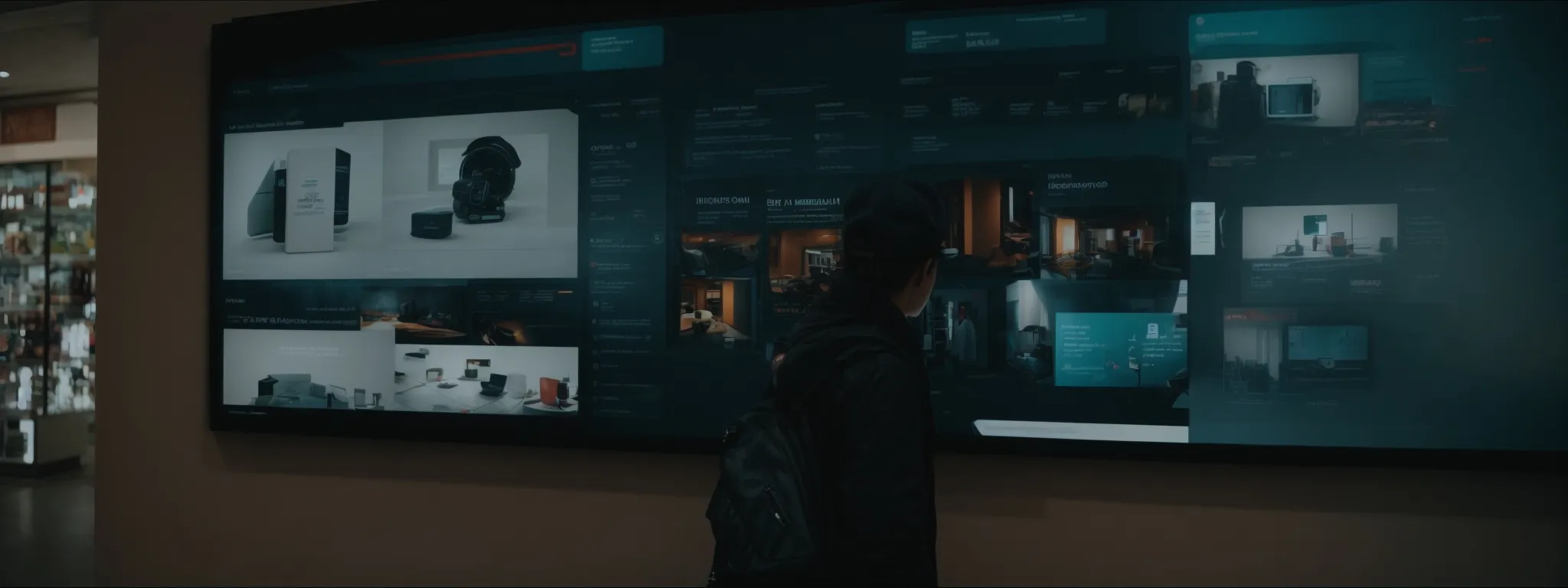 a person standing in front of a large touchscreen, exploring a digital storefront with an easy-to-navigate interface.