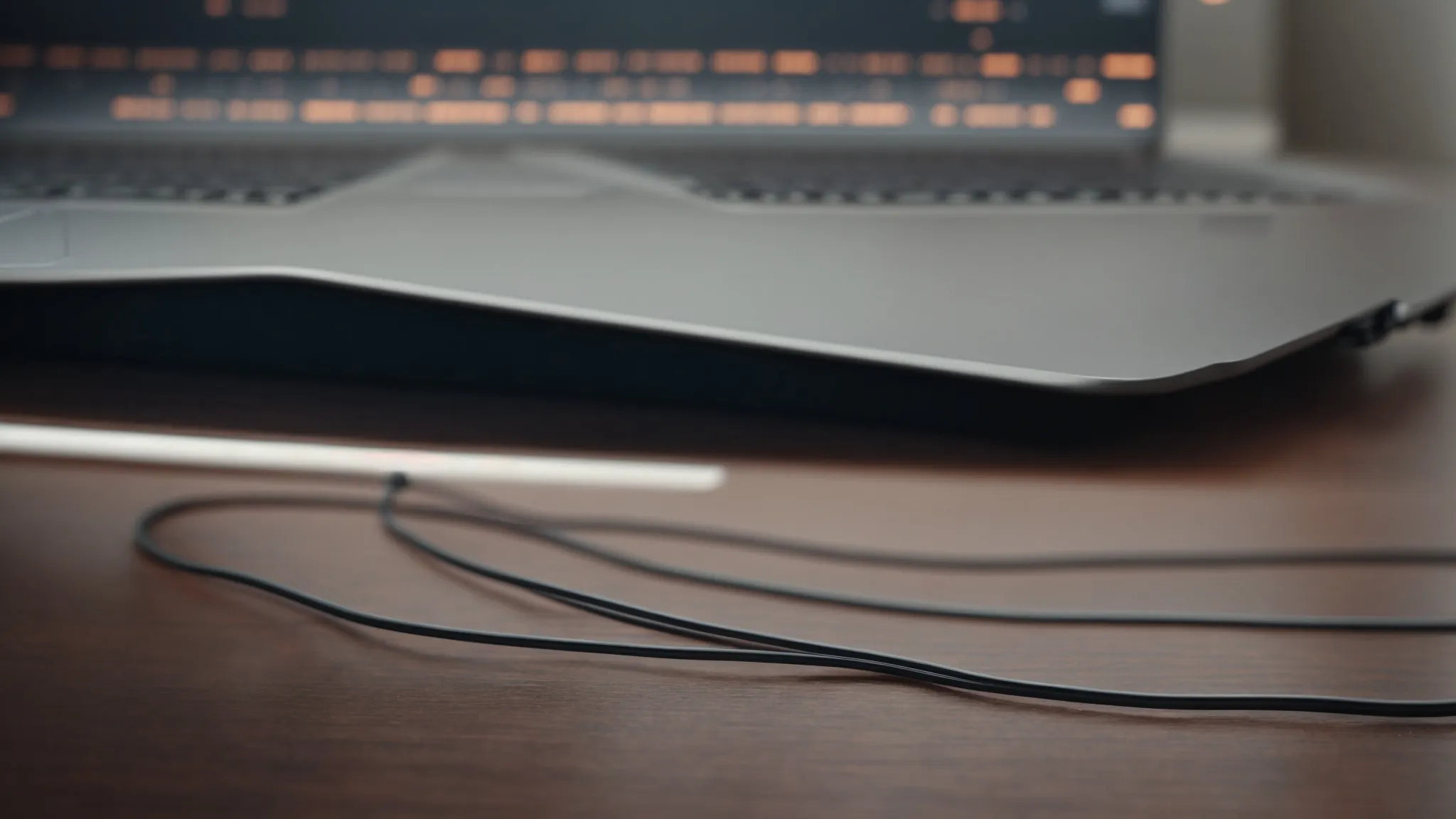 a laptop with a black terminal screen displaying lines of code on a minimalistic desk.