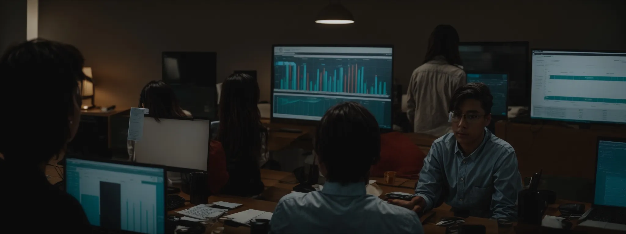 a marketing team gathers around a computer, reviewing performance analytics while strategizing content updates.