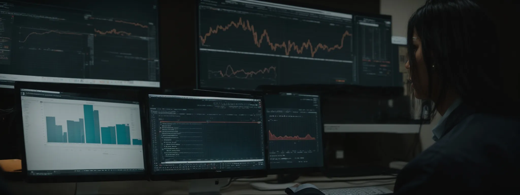 a marketer analyzes graphs on a computer screen, highlighting website traffic and demographic data.