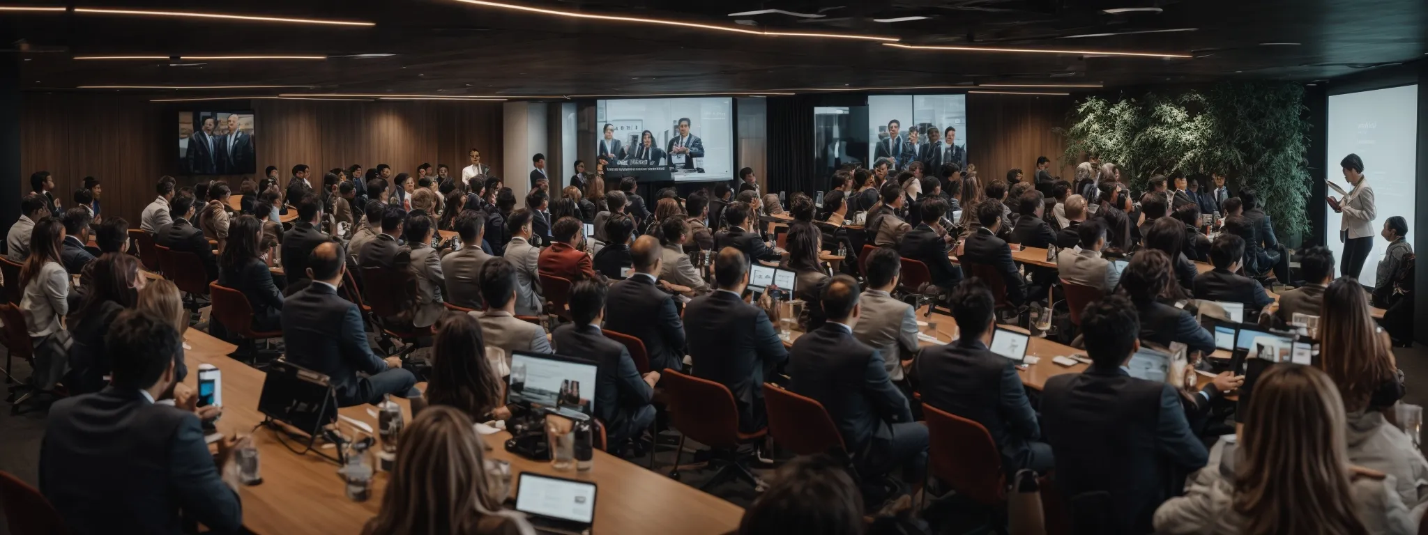 a bustling conference room with marketers clustered around a presentation screen inside airbnb's headquarters.