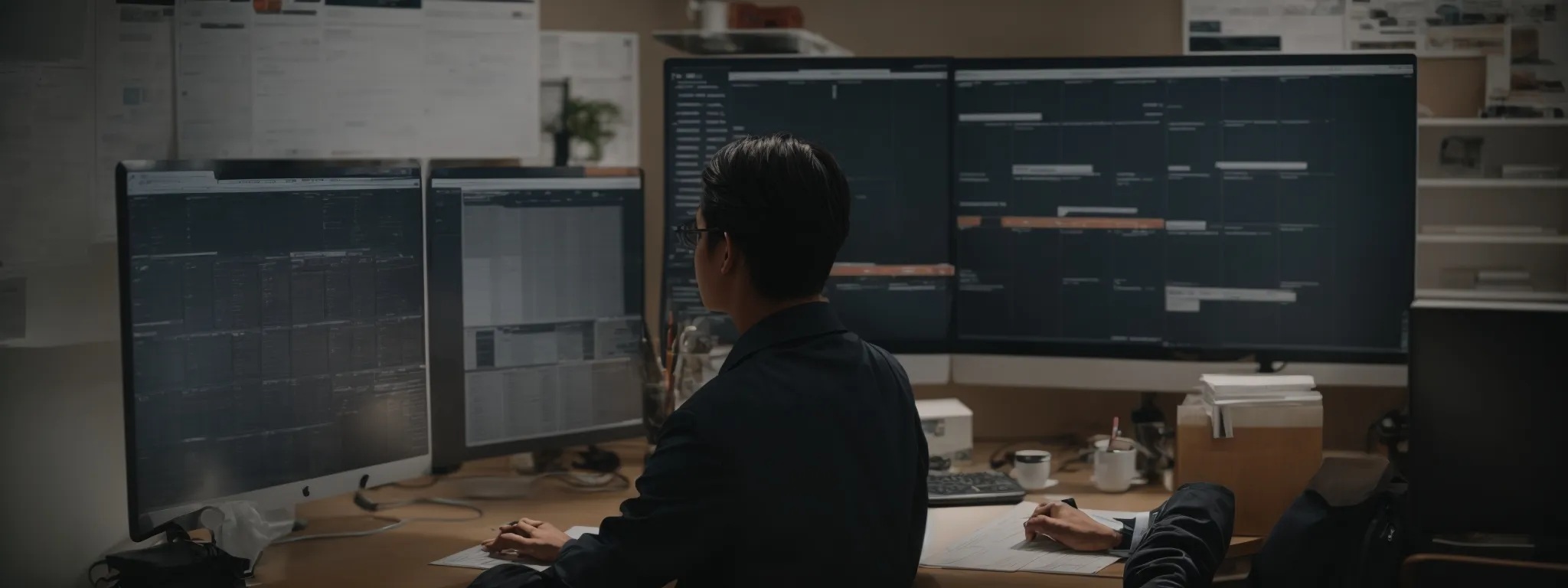 a person sitting at a workspace with a computer, surrounded by marketing strategy documents and a visible content calendar on the screen.