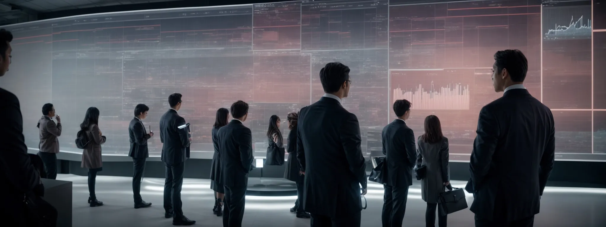 a group of professionals gather around a large, transparent touchscreen, analyzing abstract data visualizations while deliberating strategies.