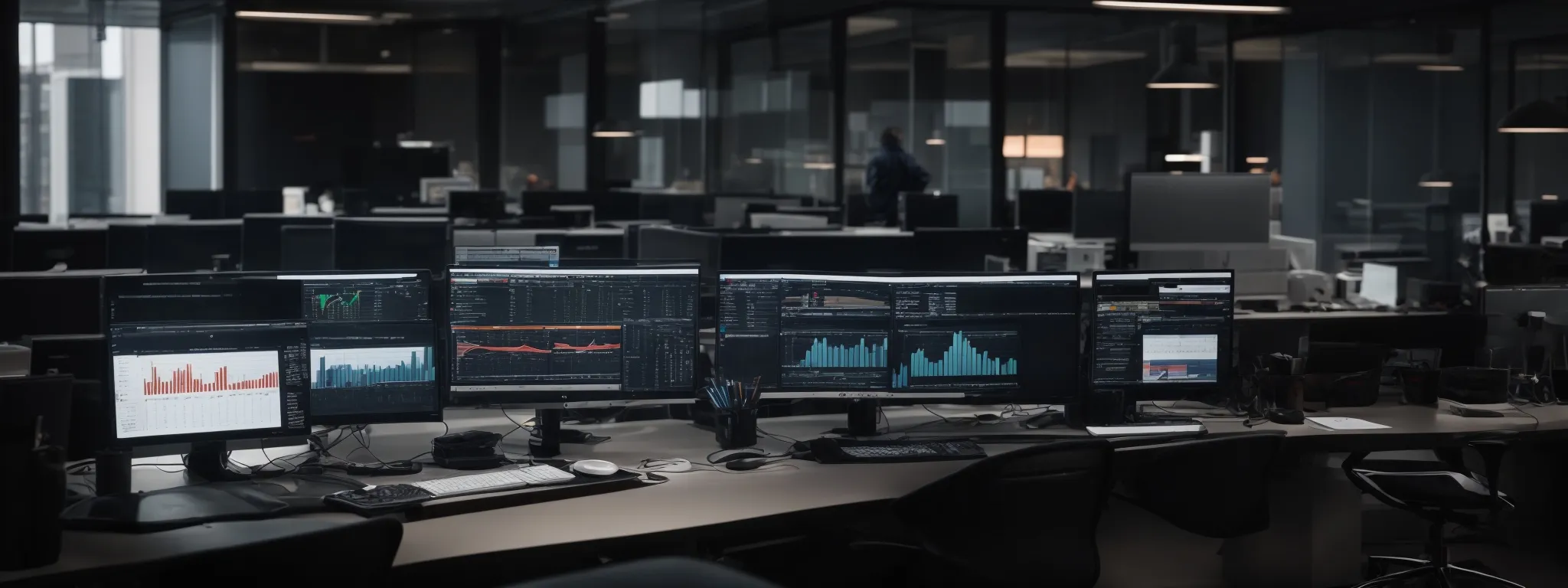 a modern office setup with sophisticated digital marketing analytics on a computer screen, reflecting future tech trends.