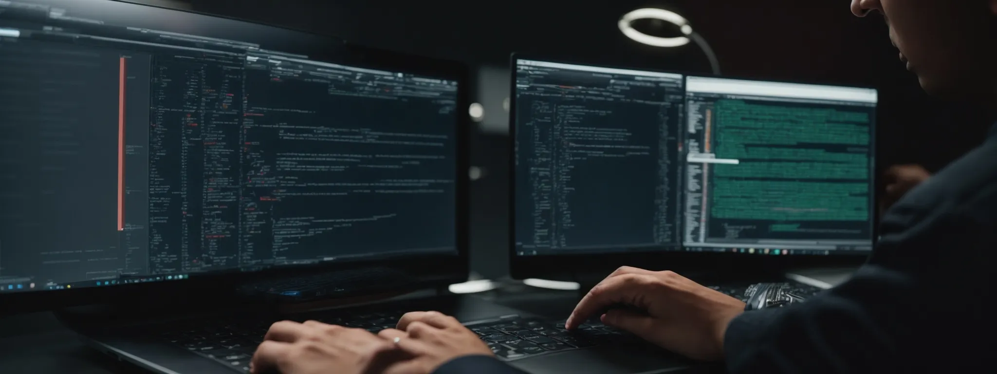 a professional seo specialist examines an open laptop displaying code, intently analyzing a complex javascript-driven website interface.