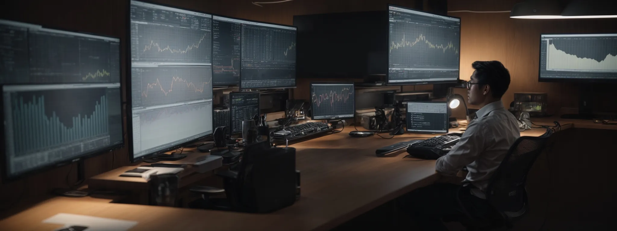 a person sitting at a desk with dual monitors displaying charts and web analytics data.