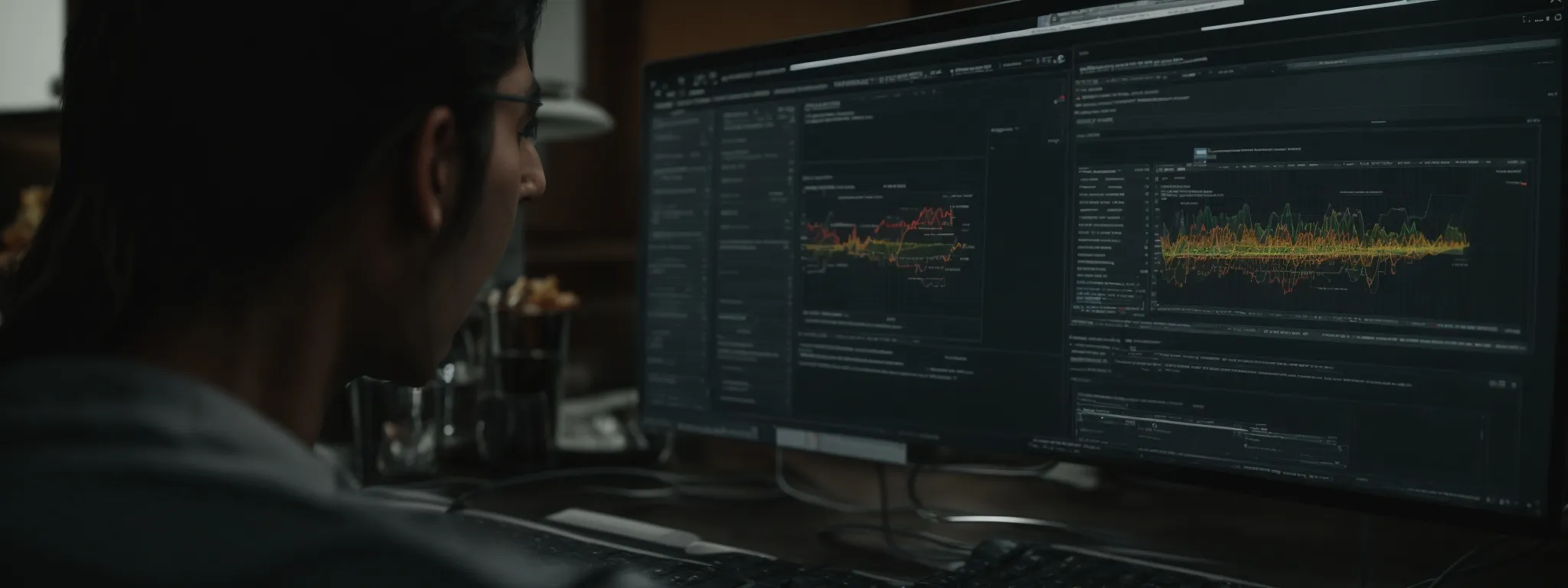 a focused individual analyzes an intricately detailed website interface on a computer screen, utilizing chrome extension tools for seo evaluation.