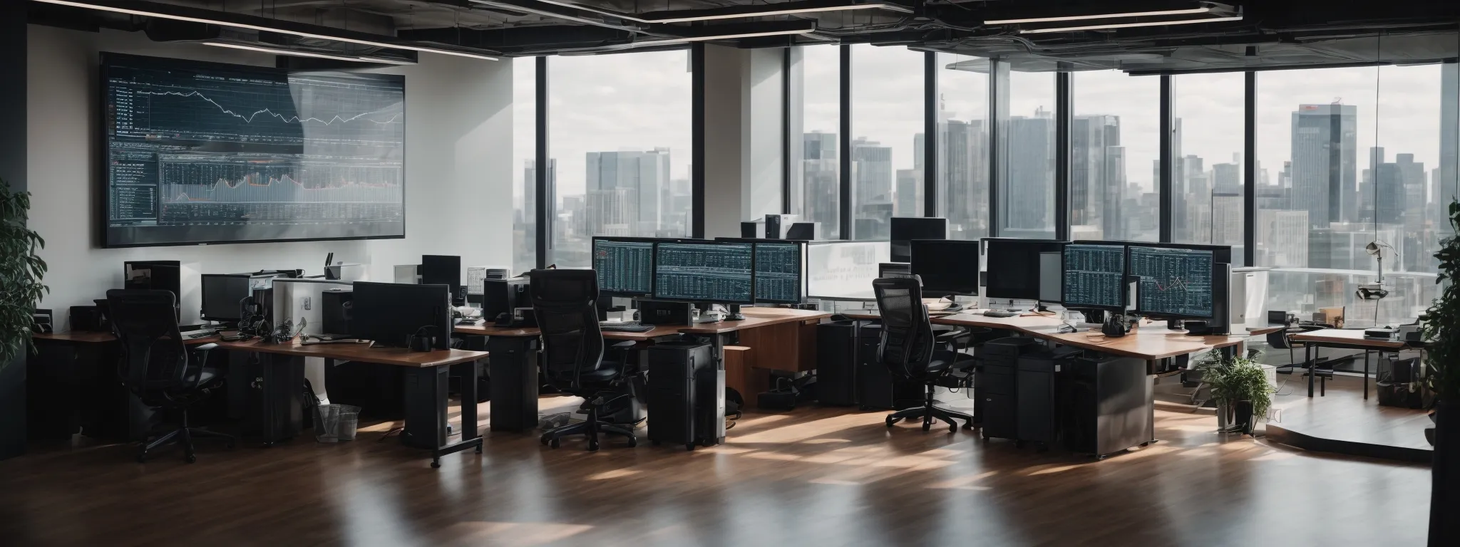 a modern office with computers displaying data analysis charts, where digital marketing professionals collaborate on seo strategies.