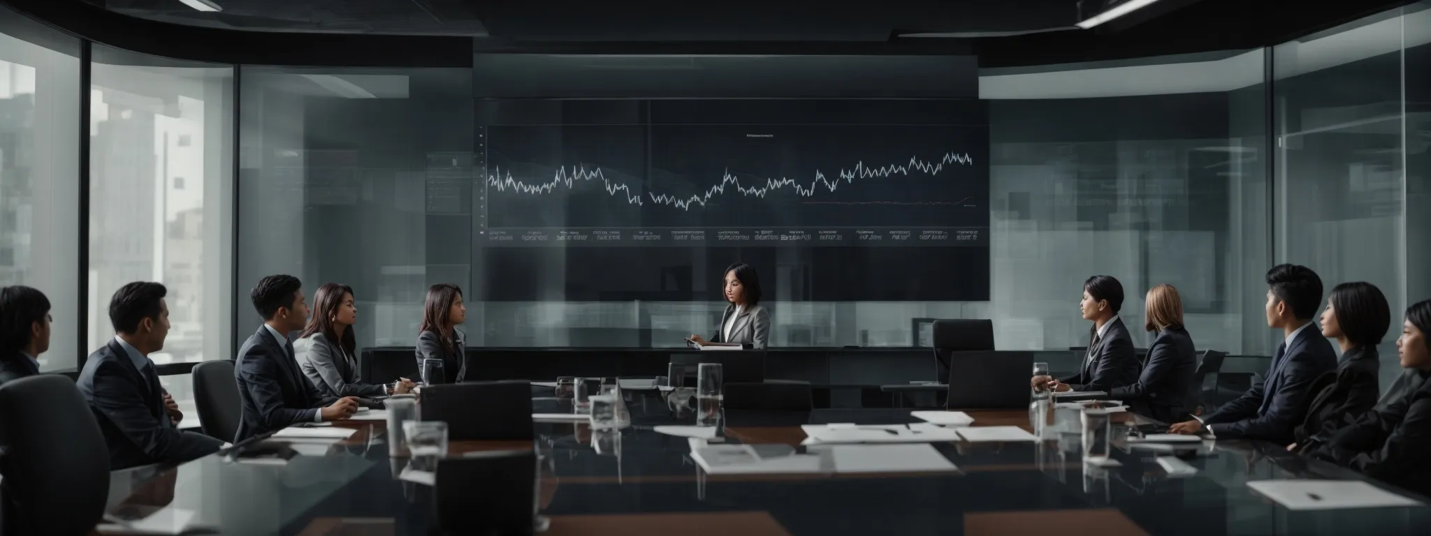 a boardroom with people analyzing data on a large screen, reflecting on strategies for improving website conversions.