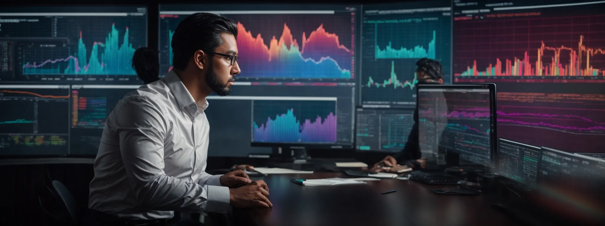 a business professional gazes at a large screen displaying colorful graphs and website analytics.