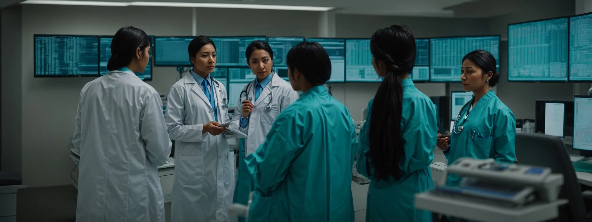 a group of healthcare professionals intently analyses data on a digital dashboard in a modern hospital setting.
