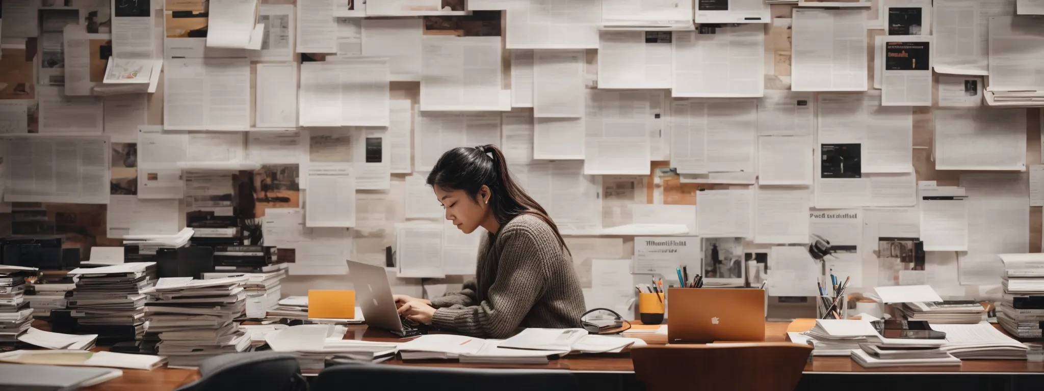 a writer thoughtfully arranging a collection of published articles on a sleek, modern desk against the backdrop of a brightly lit, minimalist office.