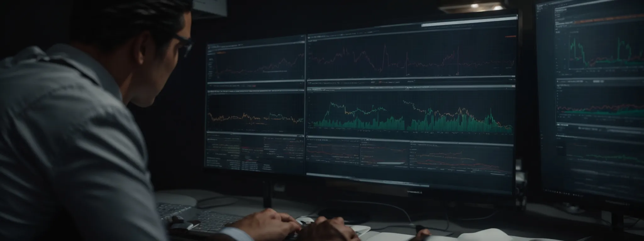 a marketer analyzing graphical data on a computer screen, reflecting call metrics and seo performance.