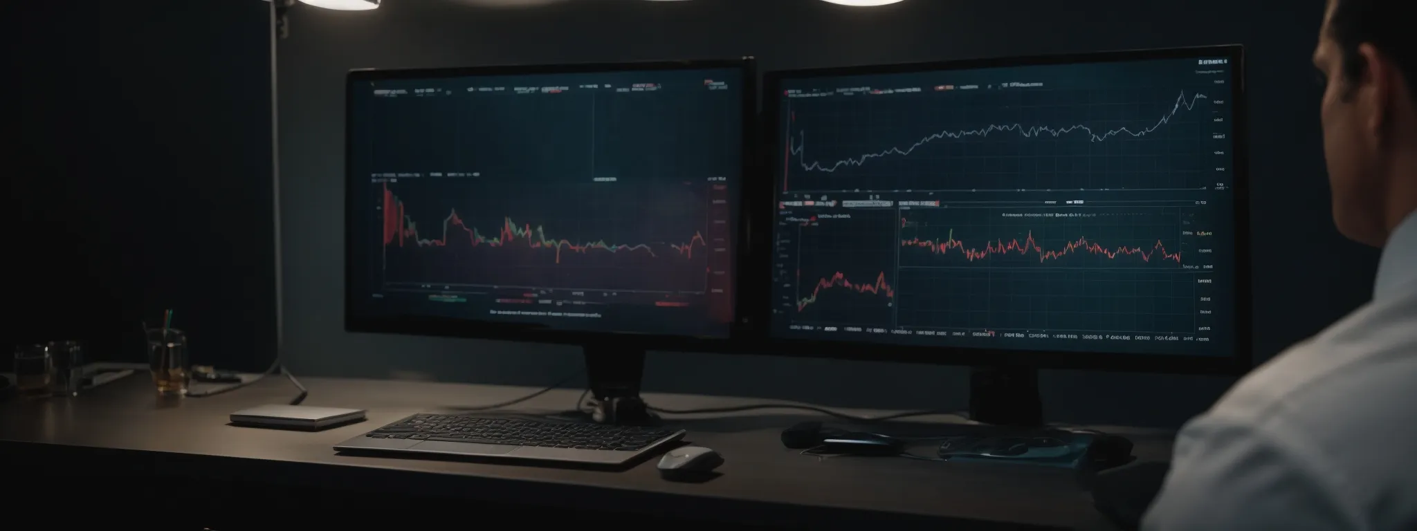 a marketer contemplates a screen displaying charts and graphs illustrating market trends and consumer behavior.