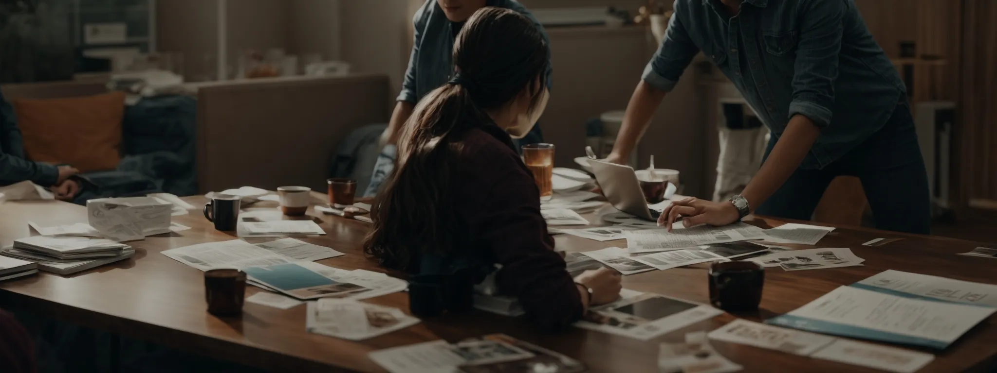 two individuals intently discussing strategy across a table strewn with marketing materials and digital devices.