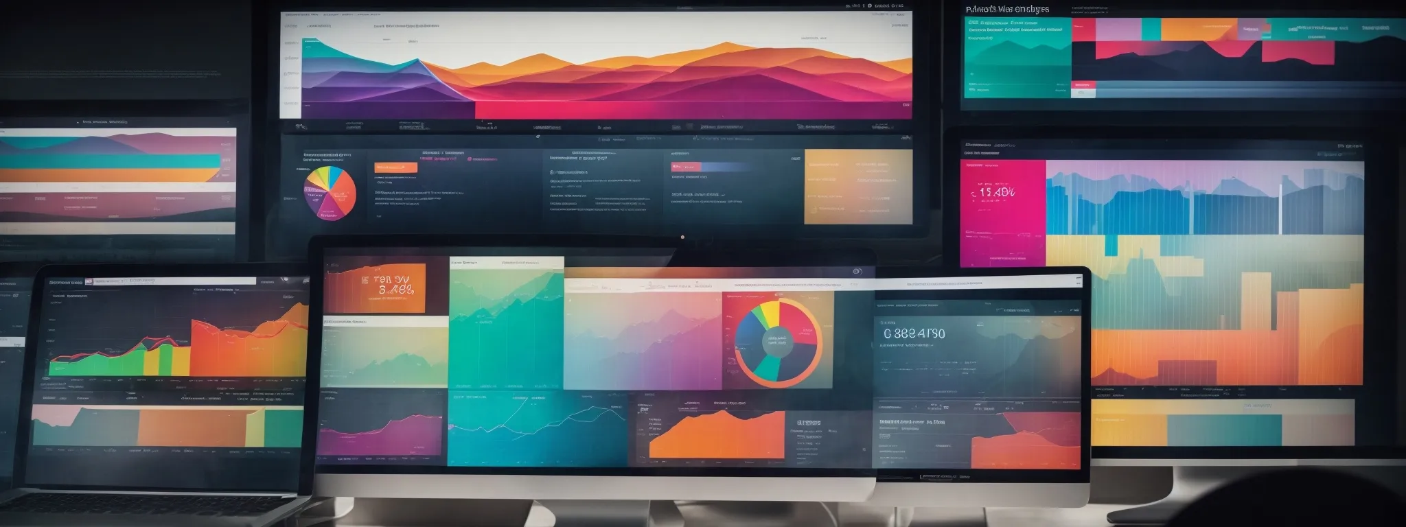 a cluster of vibrant, multicolored bar graphs and pie charts showcasing website traffic and user engagement statistics on a clear, illuminated computer screen.