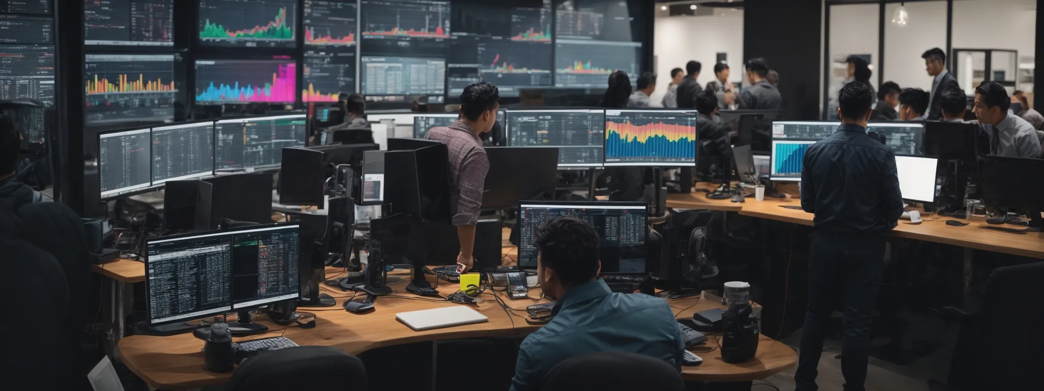a bustling digital marketing agency with professionals interacting over computers displaying colorful analytics dashboards.