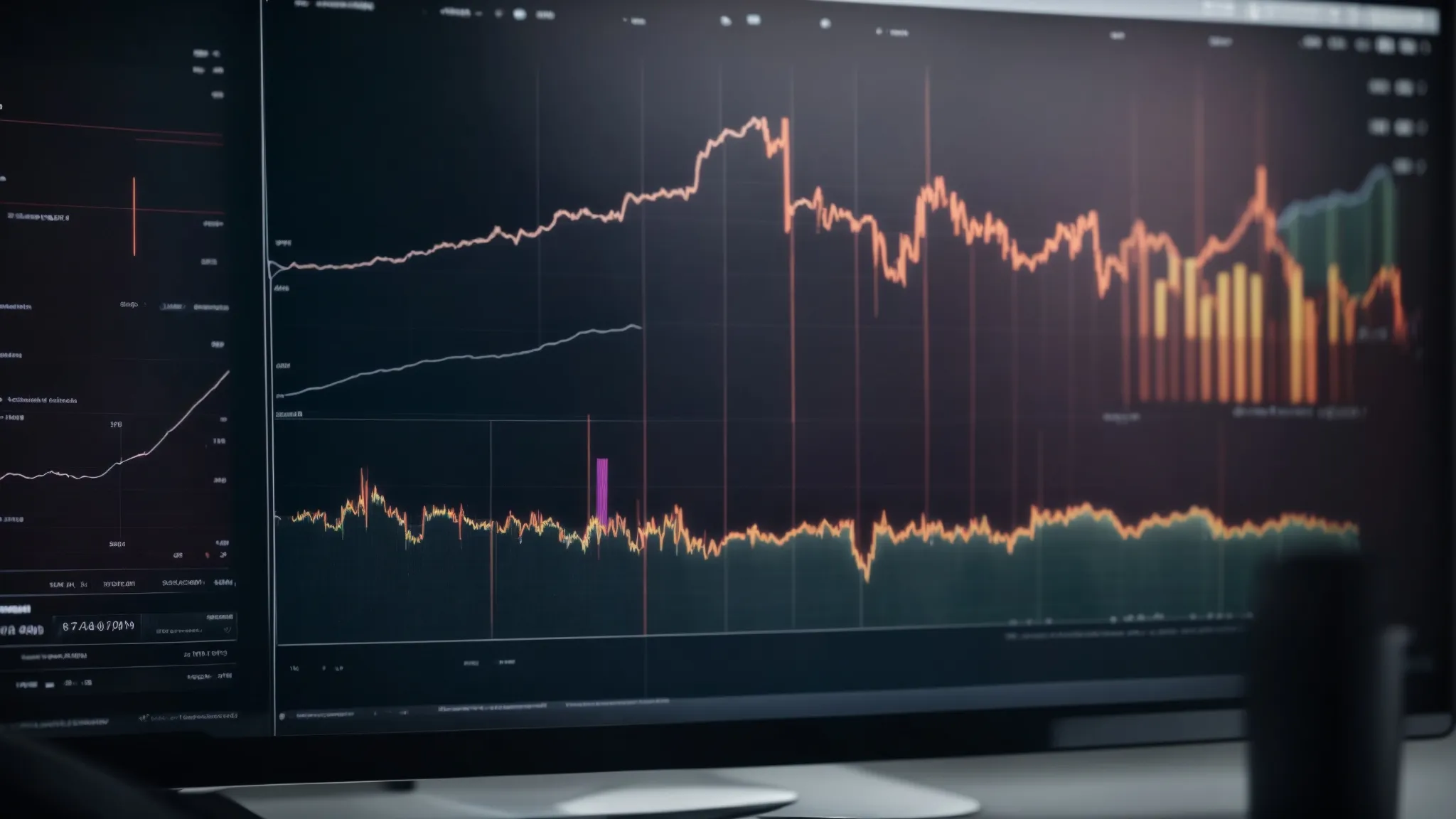 A computer monitor displays various financial charts with line graphs and bar charts showing fluctuations in market data and trading volumes.
