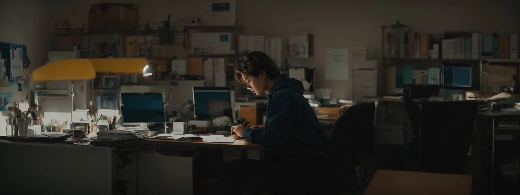 a person sits at a desk, attentively writing on a computer in a bright and organized office space.