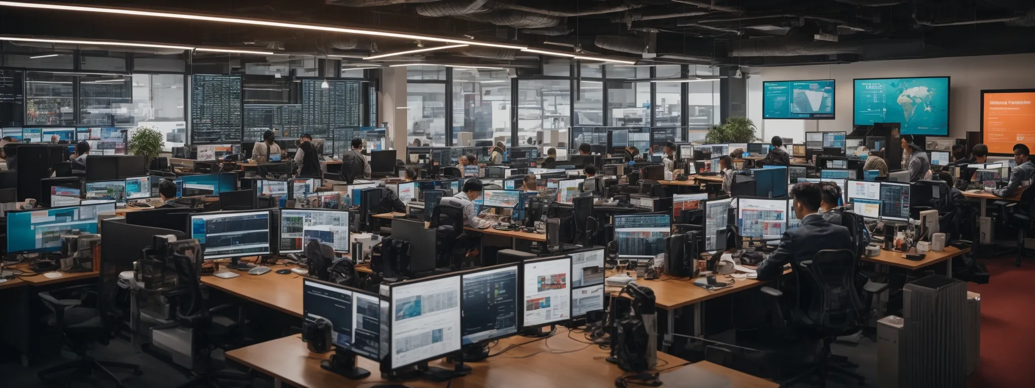a bustling digital marketing office with multiple screens displaying colorful graphs and advertisements.