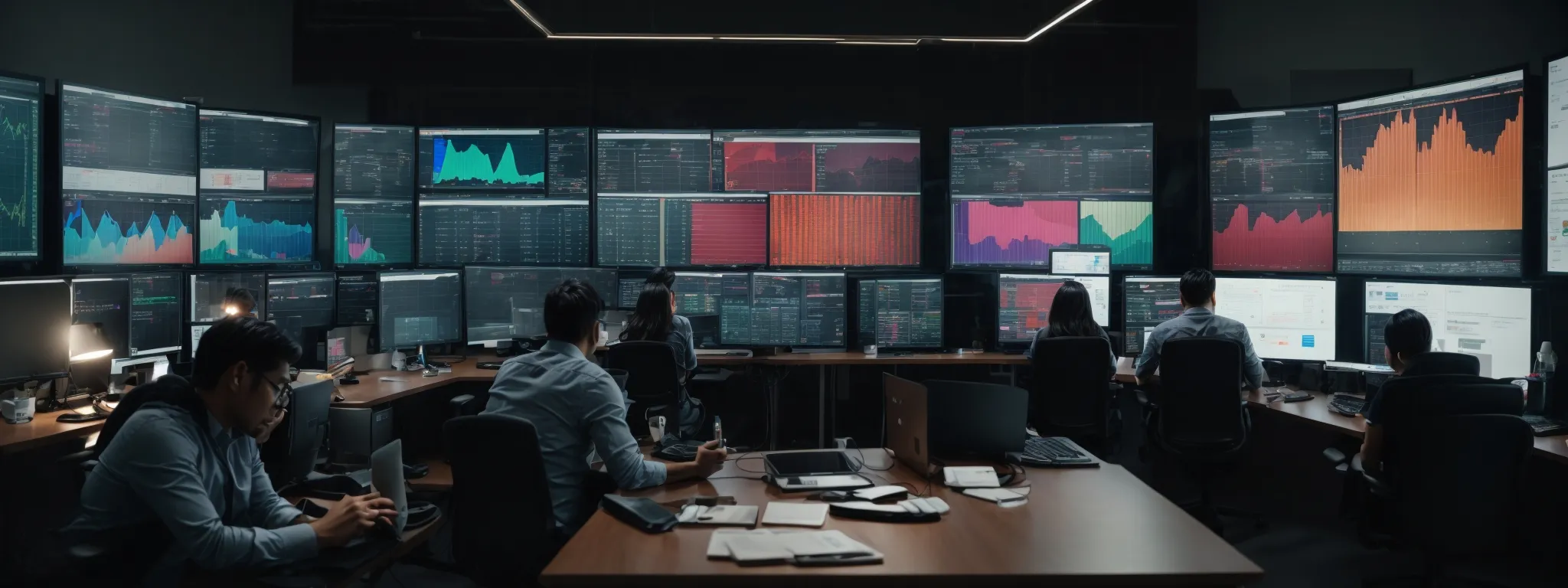 a digital marketing team analyzes government website seo metrics on large computer screens displaying colorful data dashboards.