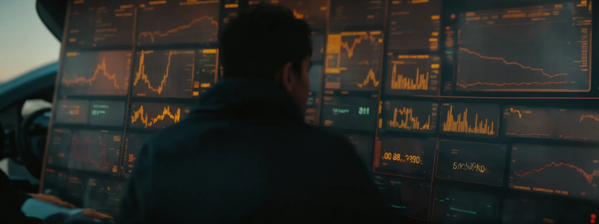 a person is fine-tuning dials on a large abstract dashboard representing a twitter strategy interface.