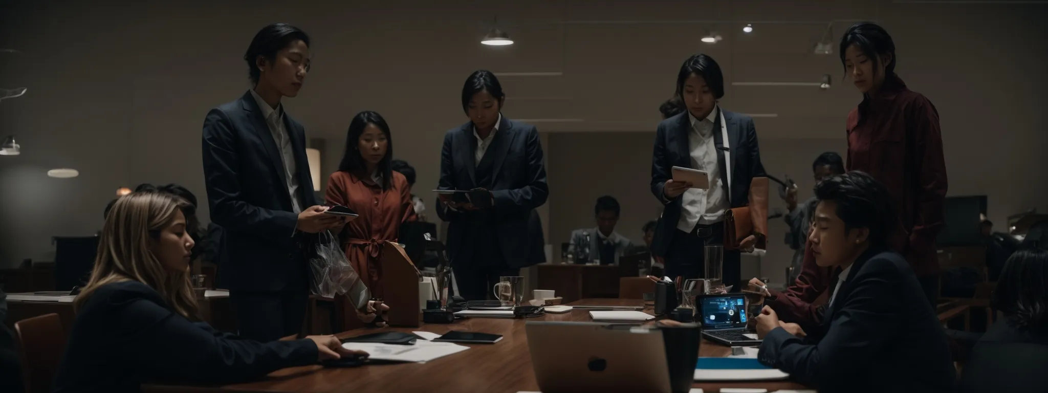 A group of people in business attire gather around a conference table in a dimly lit office, engaged in a serious discussion with laptops, tablets, and papers.