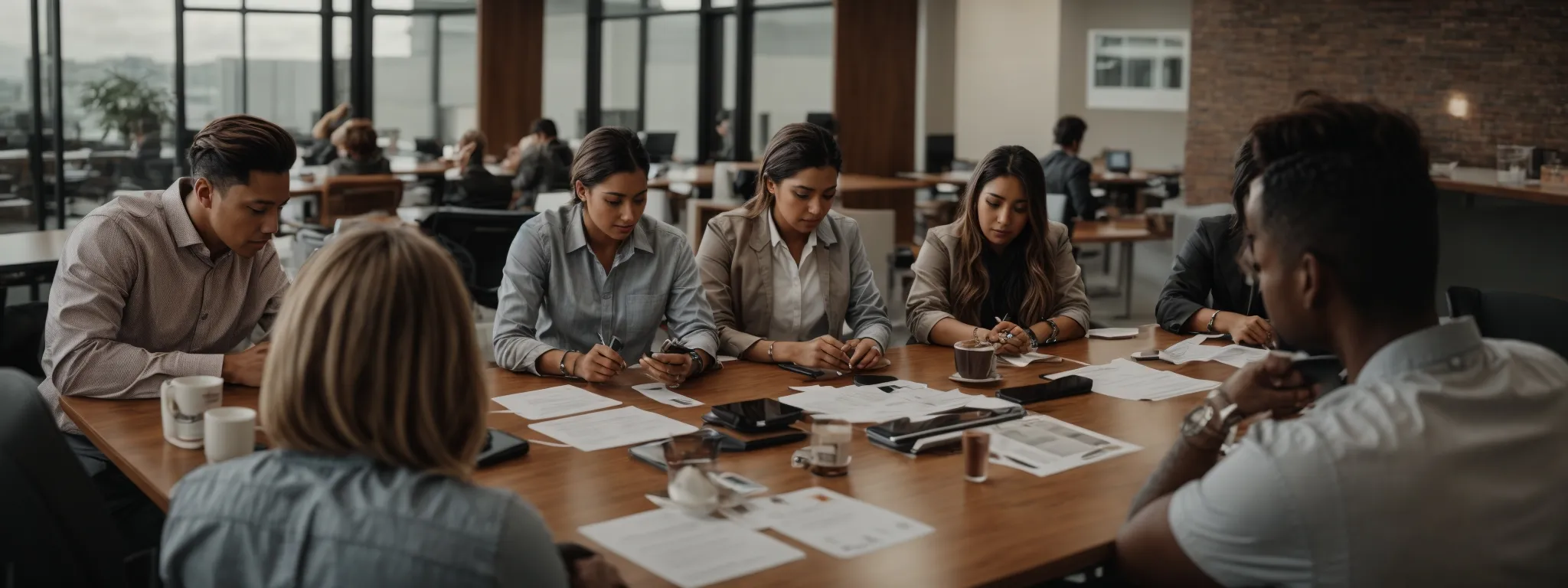 a professional marketing team brainstorms around a conference table, plotting a social media giveaway campaign.
