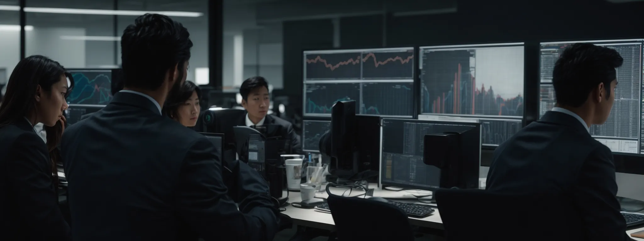 a focused group of professionals intensely scrutinizes data visualizations on computer screens in a modern, high-tech office environment.