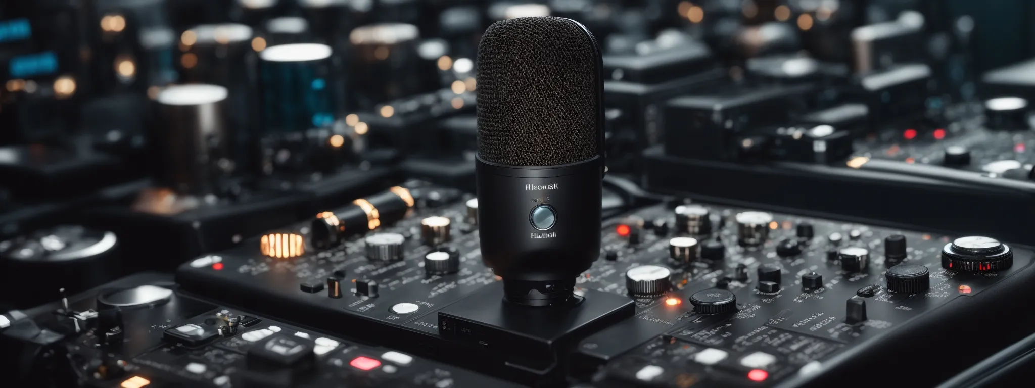 A black studio microphone placed on top of audio mixing equipment surrounded by control knobs, buttons, and illuminated indicators.