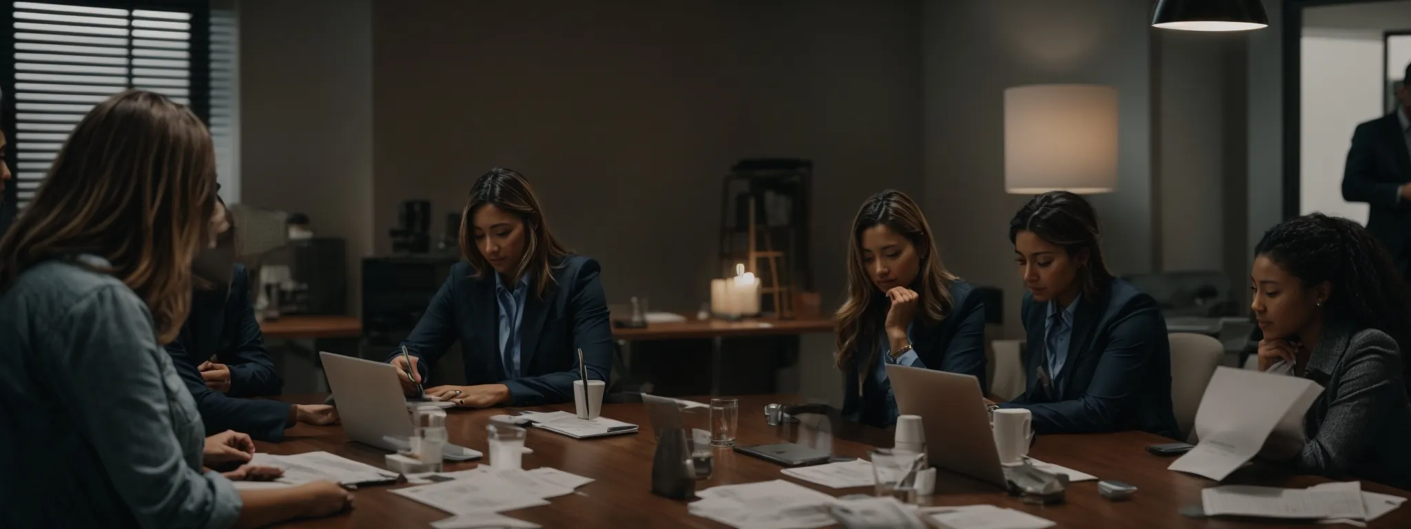 a marketing team gathered around a conference table, brainstorming and planning with digital devices and notes visible.