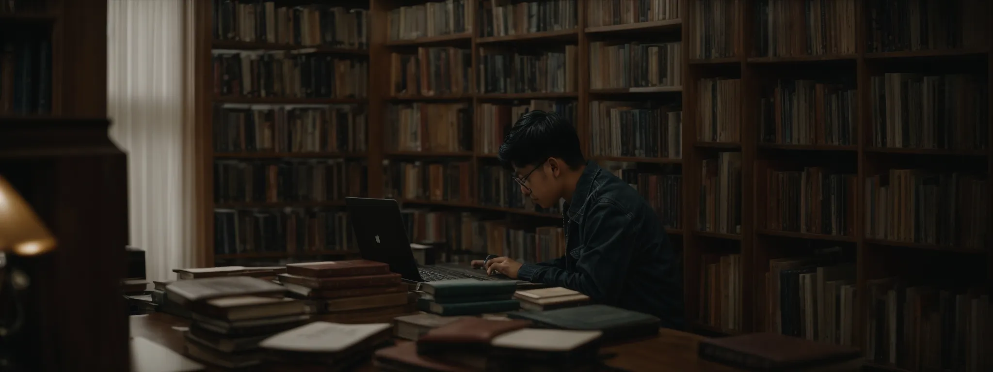A person working on a laptop at a wooden table surrounded by stacks of books in a library with shelves full of books in the background.