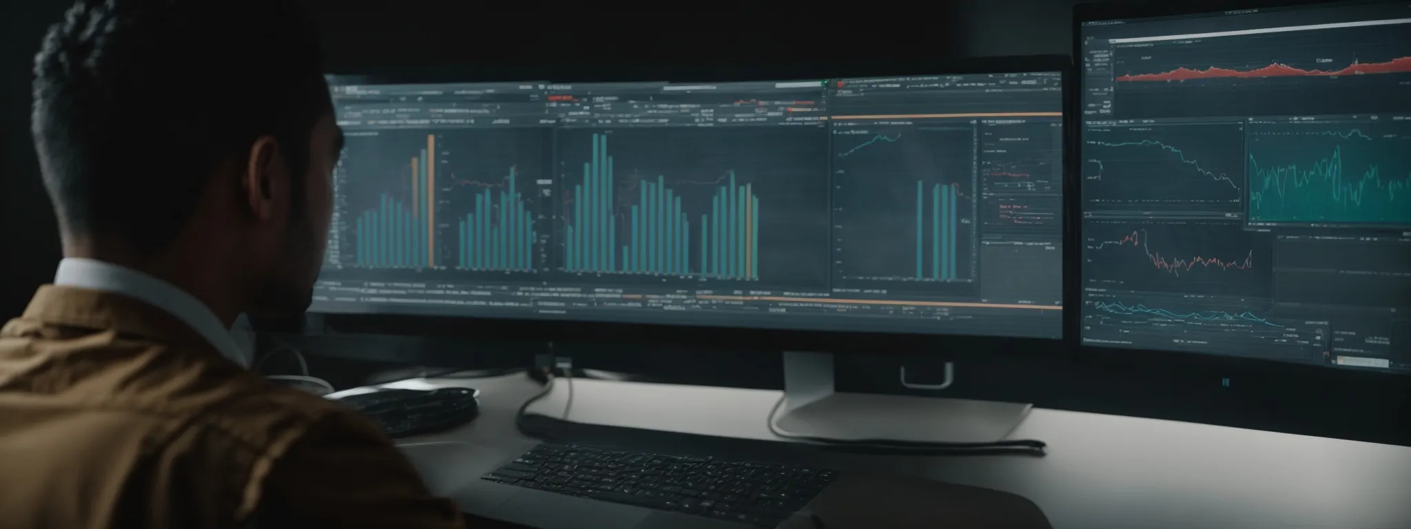 a digital marketing expert reviewing analytics on a large computer screen, displaying website traffic and conversion metrics.