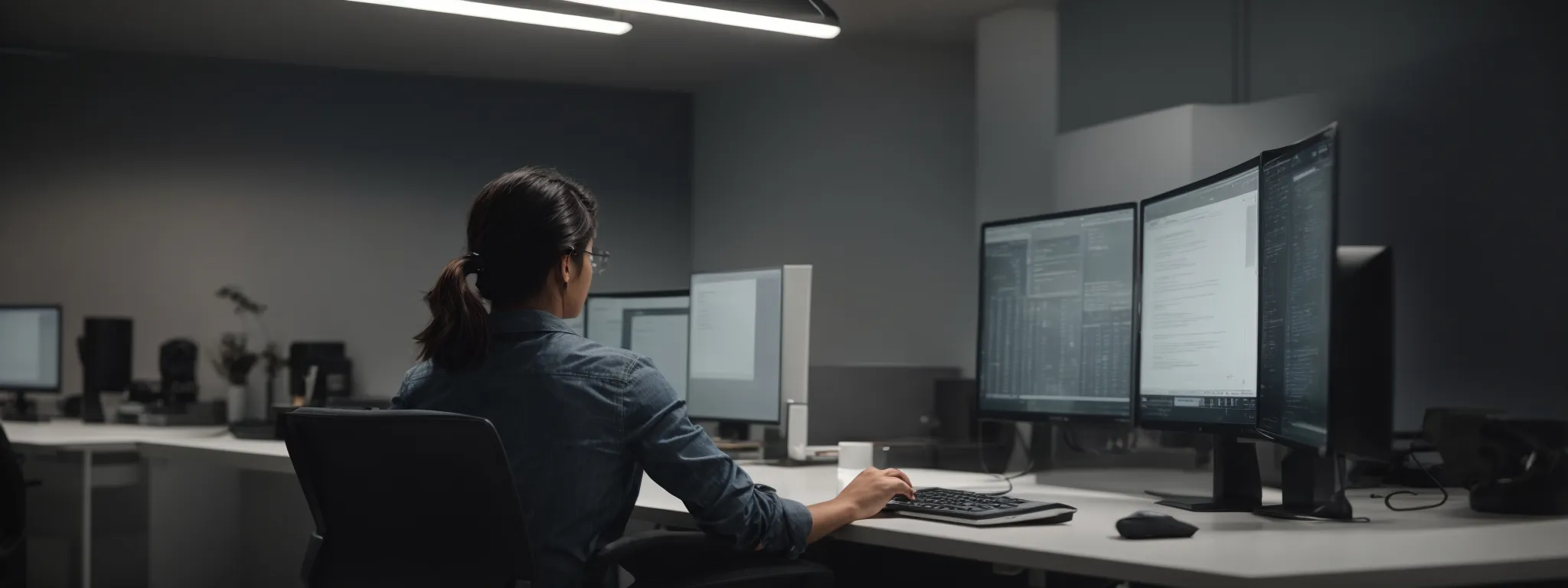 a person typing on a modern computer in a minimalist and tech-forward office, symbolizing advanced seo strategies.
