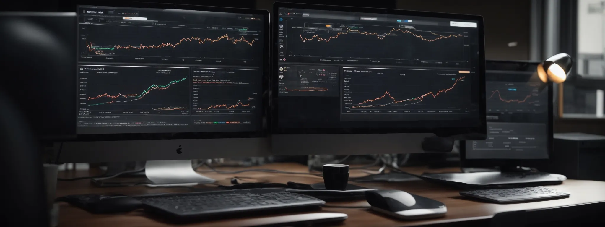 a desktop with two screens displaying graphs and analytics of website traffic, with a clear background, symbolizing digital marketing strategy analysis.