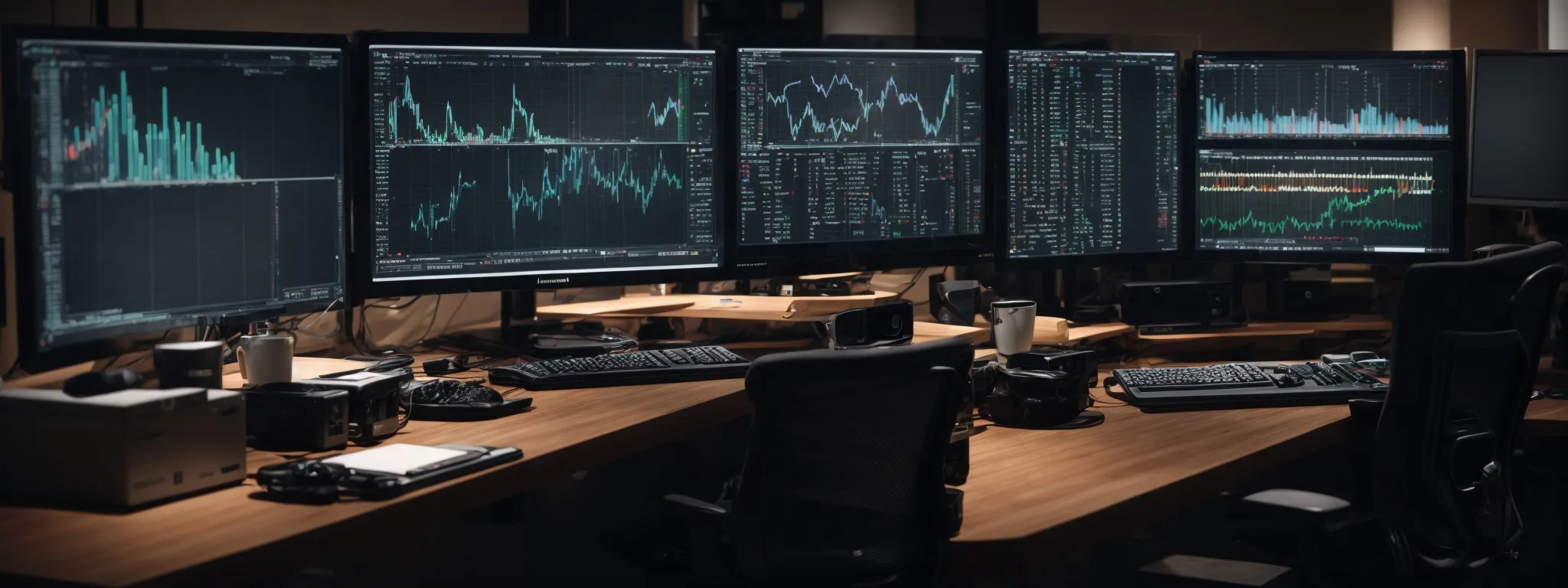 a panoramic view of a web developer's workspace with multiple computer monitors displaying graphs and analytics software.