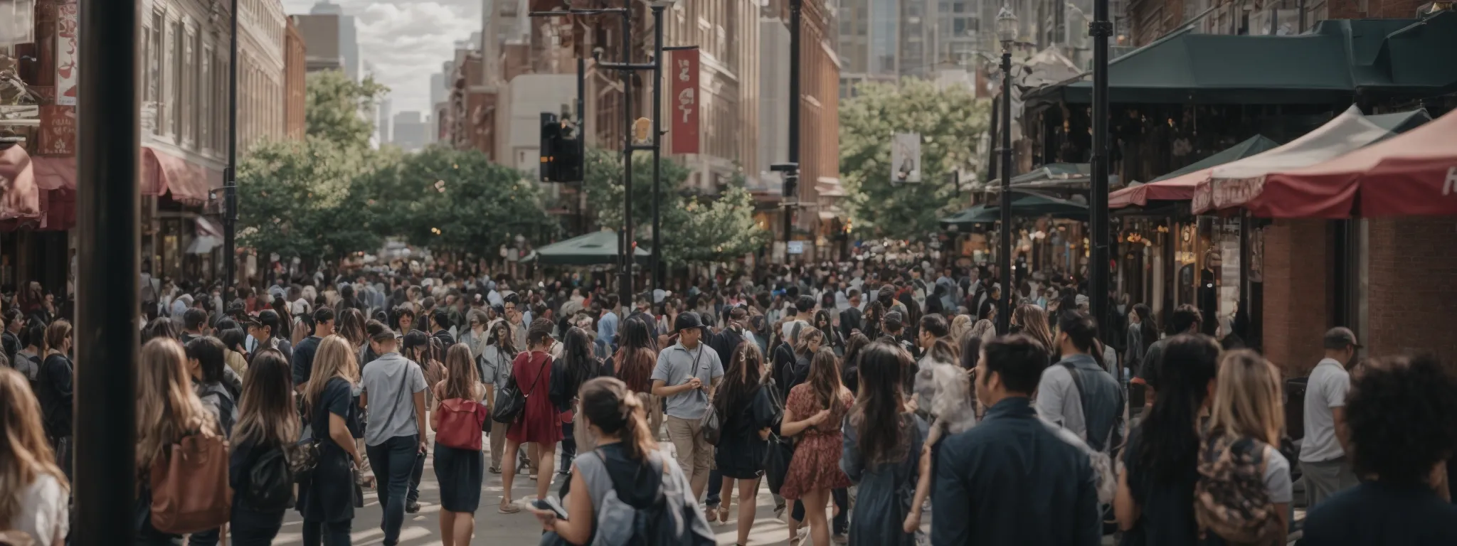 a bustling downtown raleigh street busy with people engaged on their smartphones, symbolizing active online engagement.