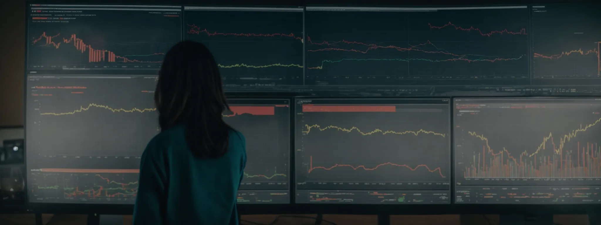 a person standing in front of a large digital marketing analytics dashboard, highlighting various metrics and charts.