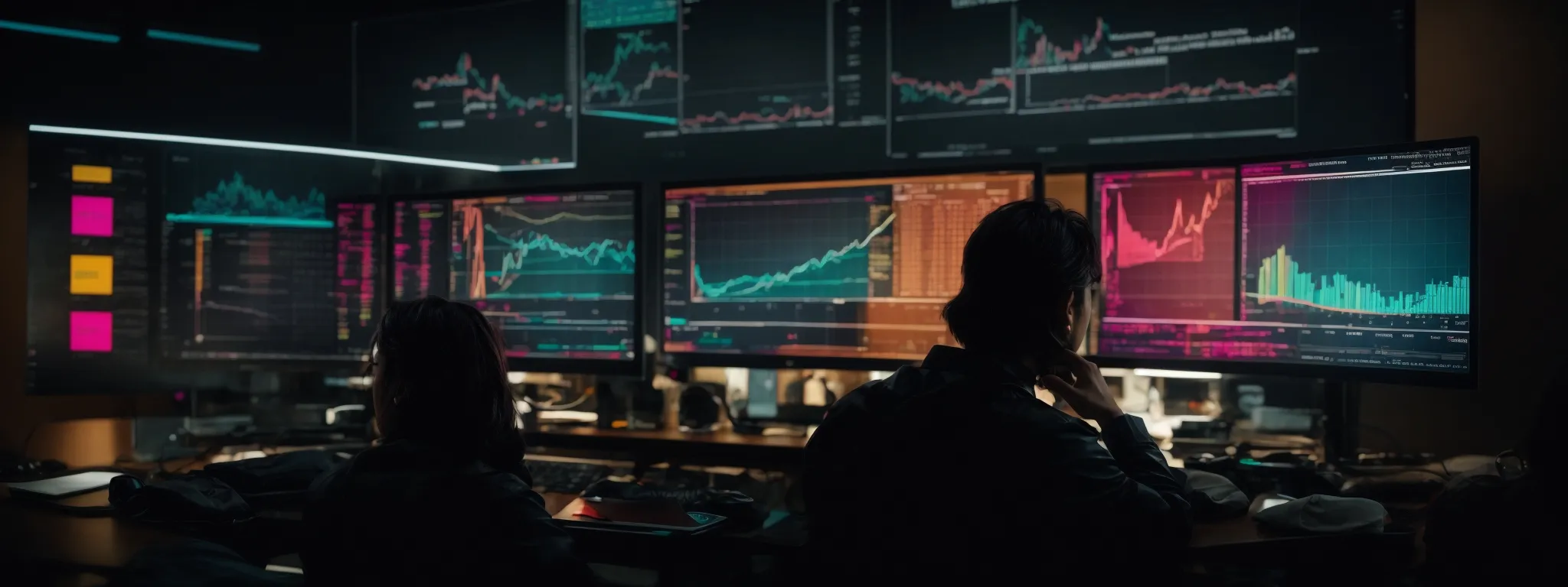 a focused individual gazes at a computer screen displaying colorful graphs and analytics dashboards.